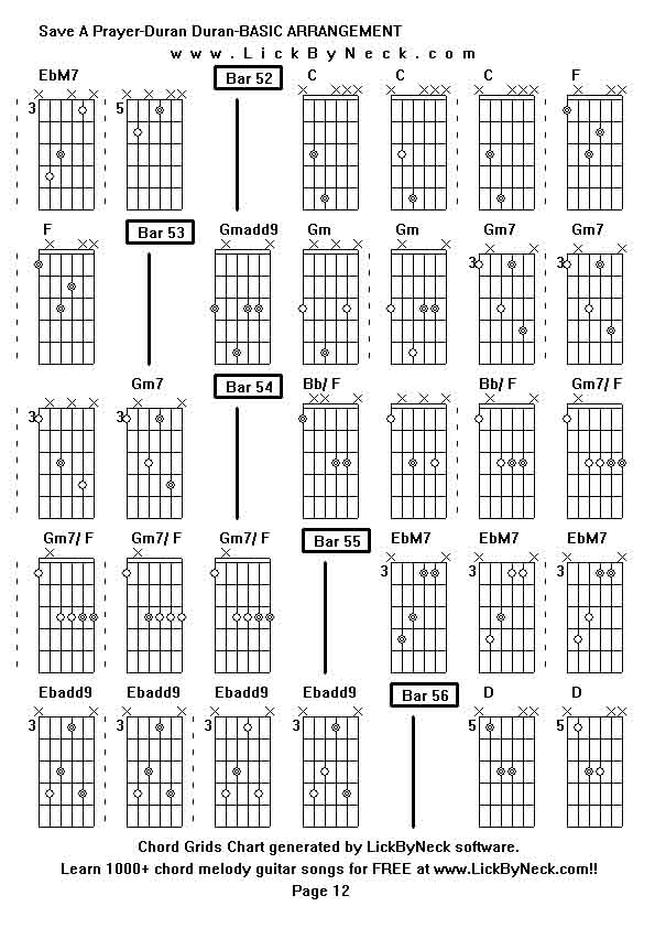 Chord Grids Chart of chord melody fingerstyle guitar song-Save A Prayer-Duran Duran-BASIC ARRANGEMENT,generated by LickByNeck software.